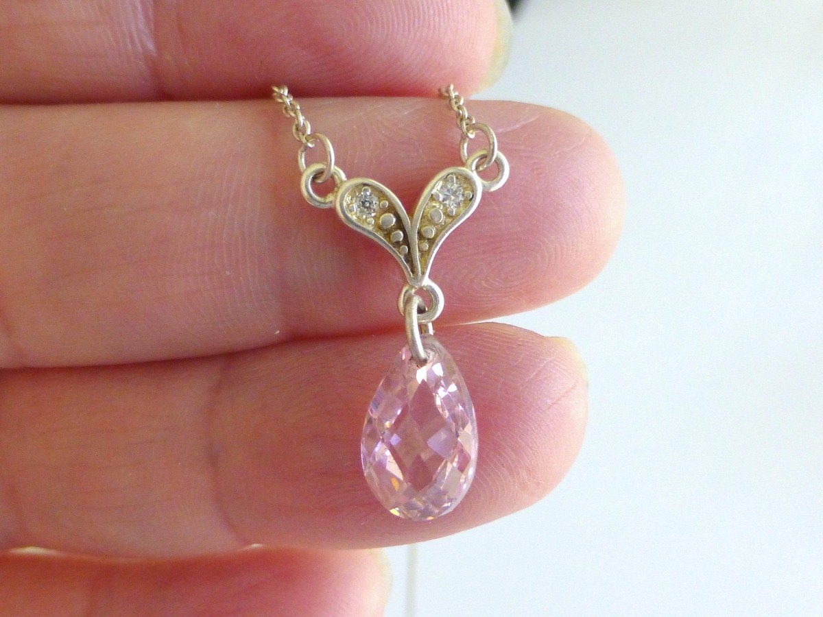 AN Vintage Pink Crystal CZ Teardrop Sterling Silver Pendant Necklace 19