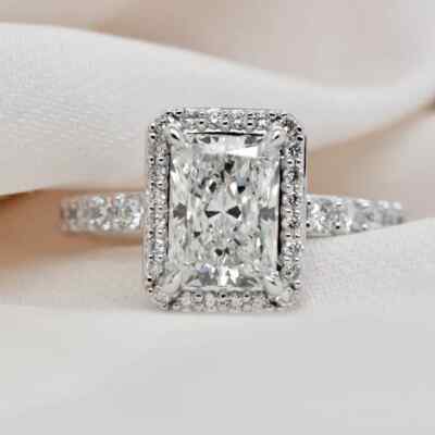 2.89 TCW Radiant Cut Moissanite Halo Engagement Ring IIn 14k White Gold Plated