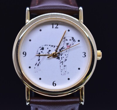Vtg DALMATION DOG Watch Women Gold Tone Leather Dress Elegant NEW BATTERY & BAND