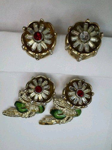 4 Pc CORO Quivering Camellia Enamel Rhinestone 2 Fur Pins & 2 Dress Clips AS IS