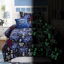 Kids Bed Quilt Set for Boys, Glow in the Dark Gamer Bedding Set