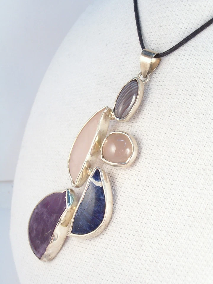 Ciondolo in ARGENTO 925 con PIETRE DURE naturali -Quarzo Ametista Sodalite Agata - Immagine 4 di 4