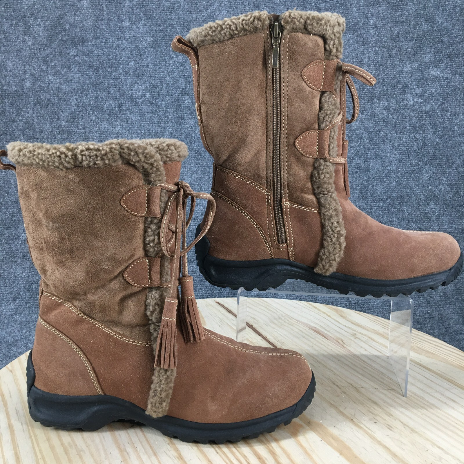 Lands End Winter Boots Womens 9.5 B Brown Suede Faux Fur Trim Lace Up