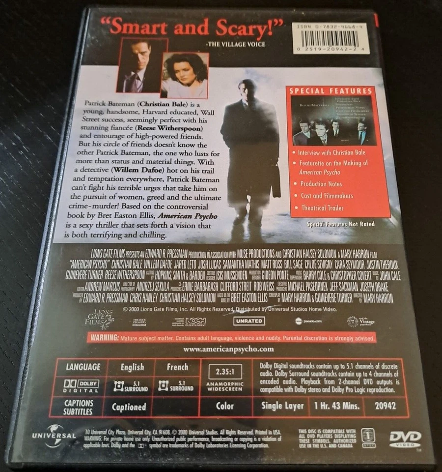 American Psycho (Unrated Version) -  Region 1 - DVD - VGC+ Free Tracked Postage - Image 2 of 4