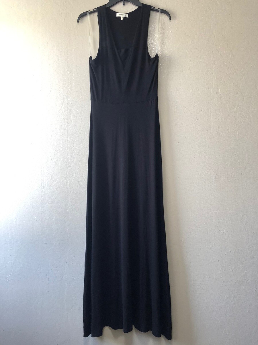 MONTEAU Womens Small Black Maxi Dress Mesh Trim Stretch Casual Sleeveless