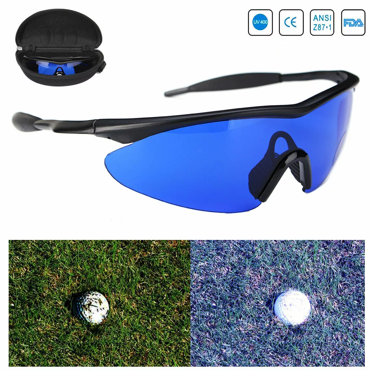 Golf Ball Finder Locating Glasses Sport Blue Lens Black Frame UV Sunglasses  Case