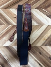 VTG Countess Mara Suspenders Leather Silk Paisley Red Navy Blue Gold Tone