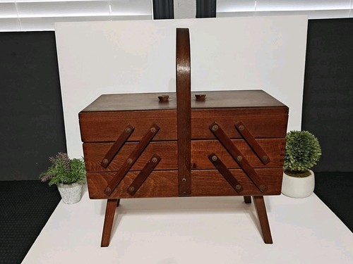 Vintage Wooden Accordion Style Sewing Box 3 Tier Chest Cabinet MADE IN Romania