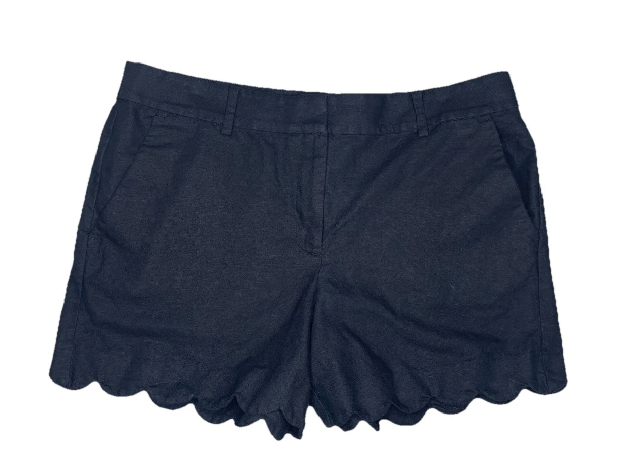 LOFT Linen Blend Shorts Women 12 Black Scalloped Hem Flat Front Chino Coastal
