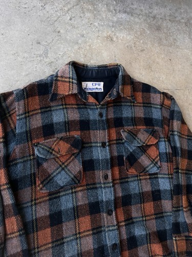 Vintage 70s Wool Flannel CPO Shirt Jacket Mens Large Orange Plaid Fall - Picture 4 of 6