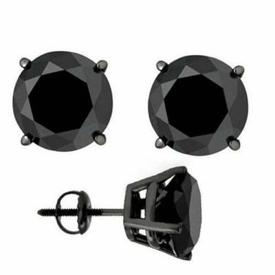 4.00 Ct Black Diamond Studs Screw Back in Black Rhodium Finish AAA Certified !