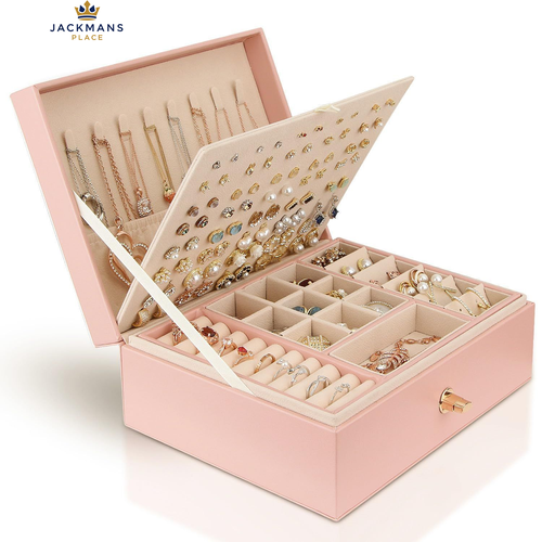 Chelory Jewellery Box Organiser for Women Girls, 3 Layer Large Medium, Pink