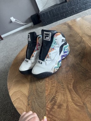 Fila High Top Geometric Multicolor Basketball Sneakers White Black NO SHOE LACES