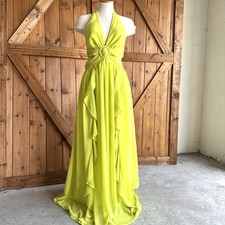 Fashion Nova Maxi Dress Small Yellow  Ruffle Open Back Cut Out lined Sleeveless