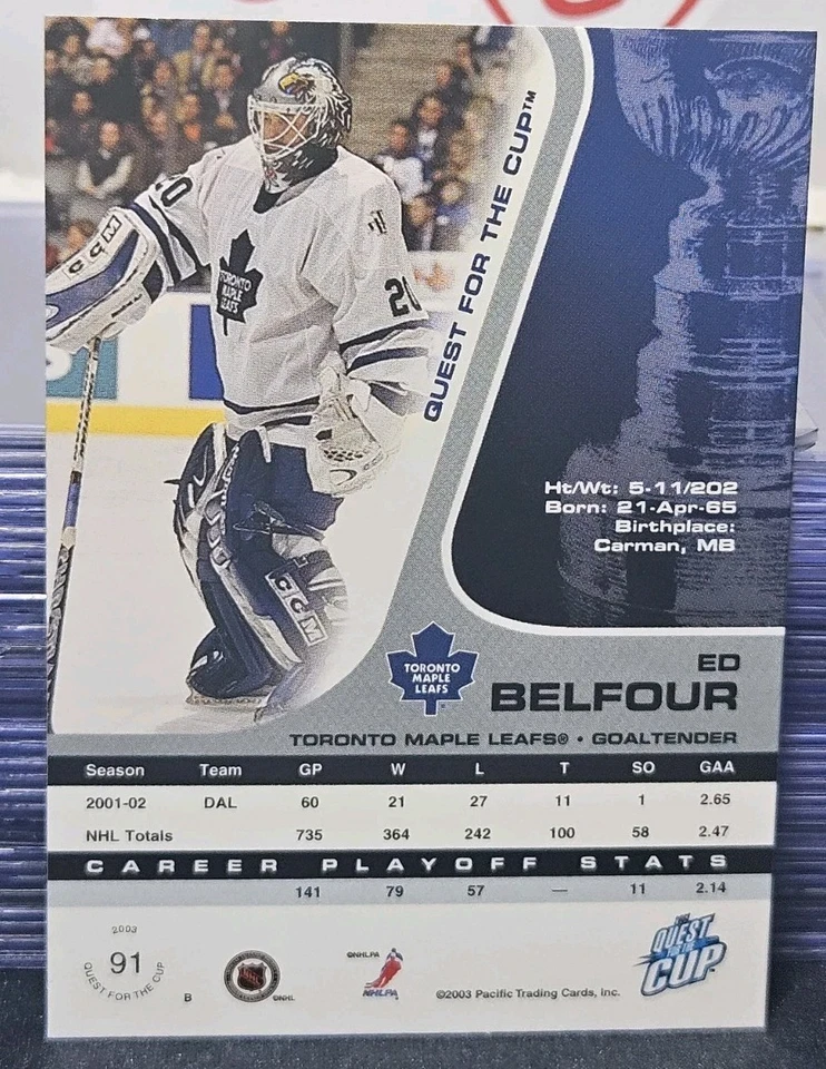 2003 Pacific Ed Belfour Quest For The Cup 🚨🚨🚨 Toronto Maple Leafs  - Image 2 of 2