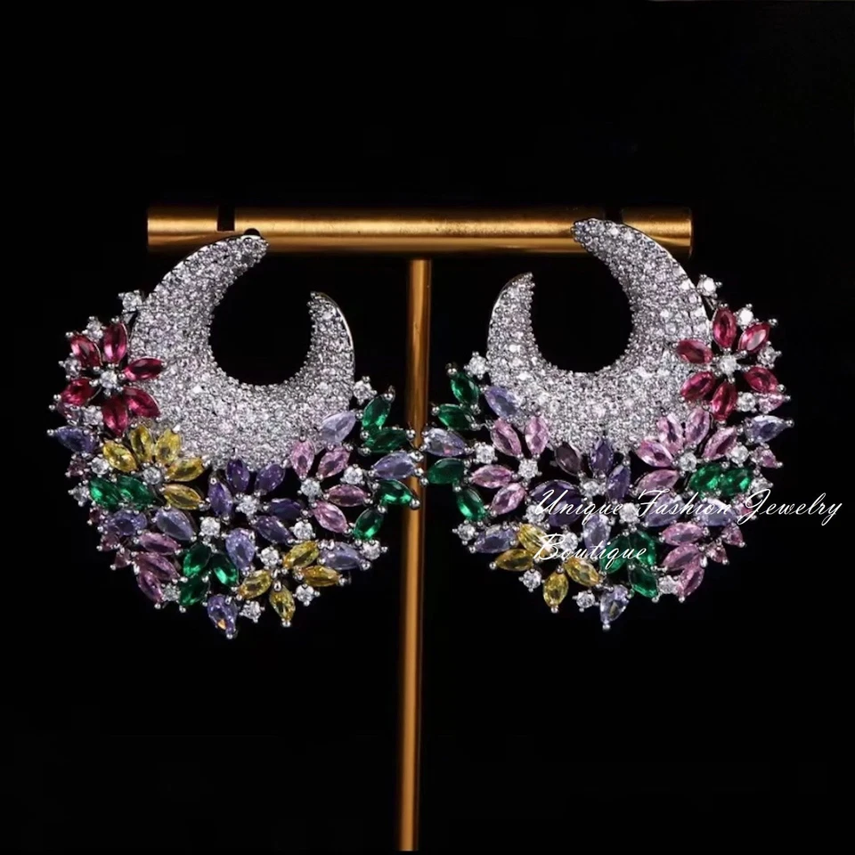 Pendientes grandes de zafiro multicolor rellenos de platino de 18k estilo diseñador Foto 4 de 4