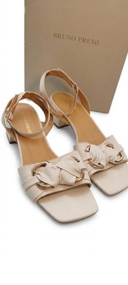 Bruno Premi Women's Marmo Nappa Leather Sandals Cream Block Heel Gold Hardware