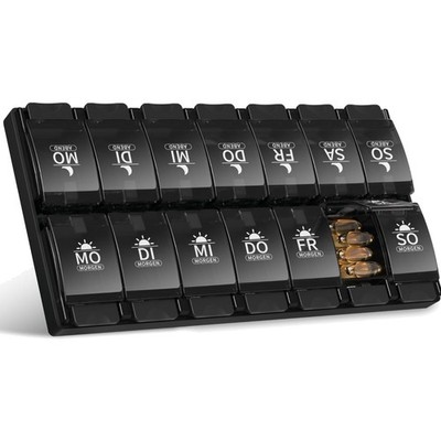 Tablettenbox 7 Tage Medikamente Pillendose 14 Fächer Druckknopf Design schwarz