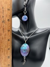 Earring & necklace w/ custom galaxy gems in blue w/ silver ptd chain costume
