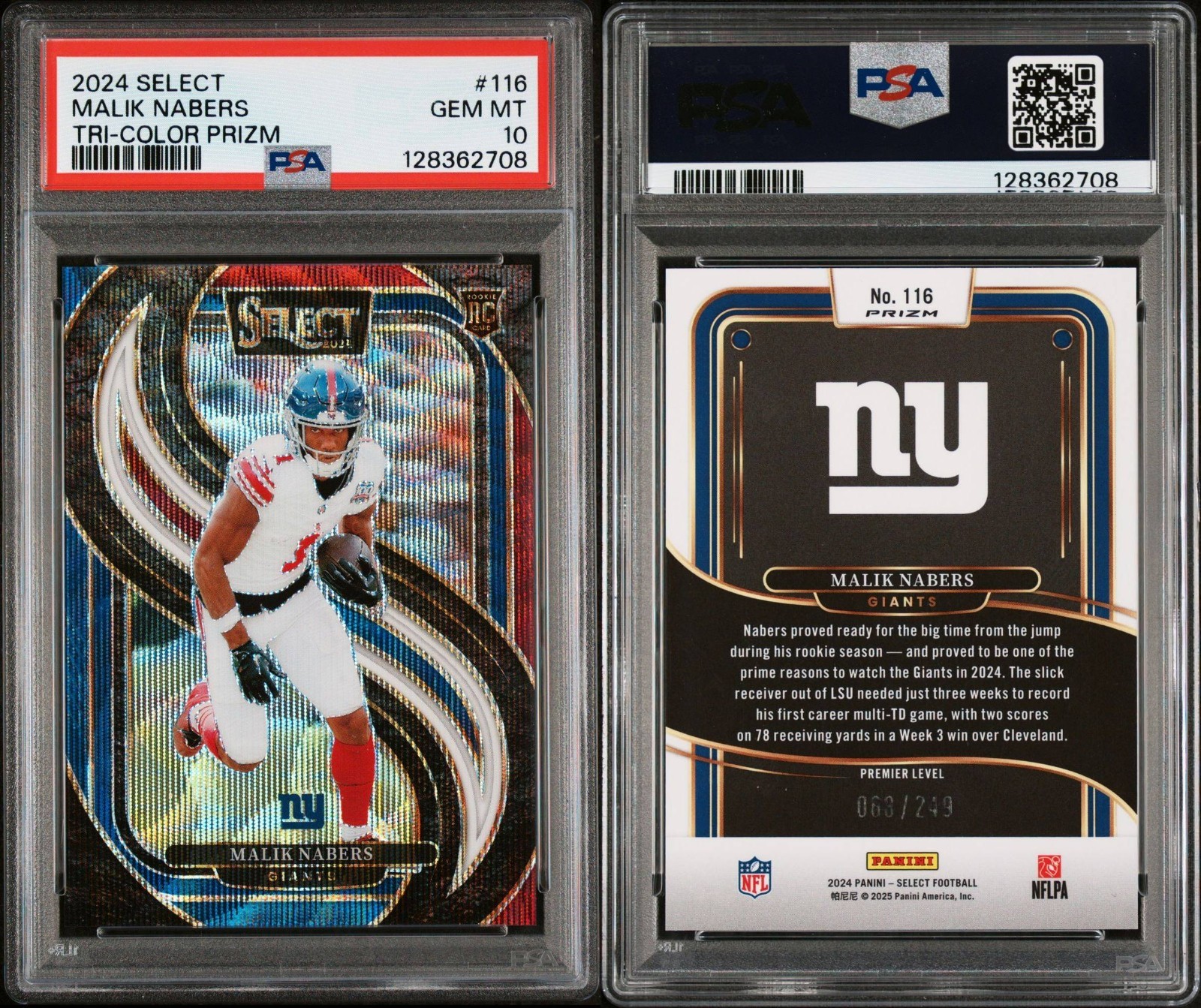 2024 Select - Premier Level Malik Nabers #116 Tri-Color Match Prizm /249 PSA 10