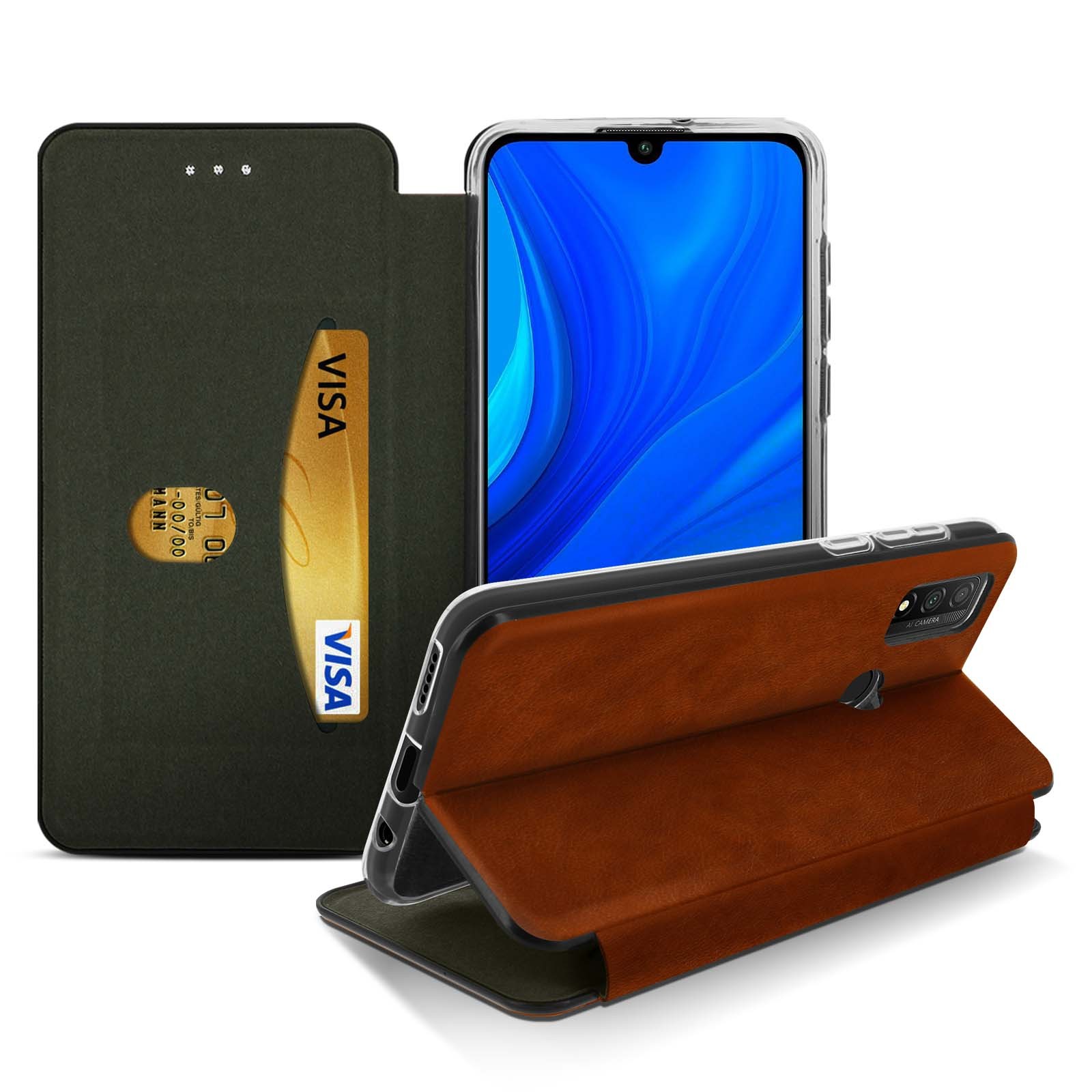 Étui Huawei P smart 2020 simili-cuir clapet marron housse portefeuille de protection mobile