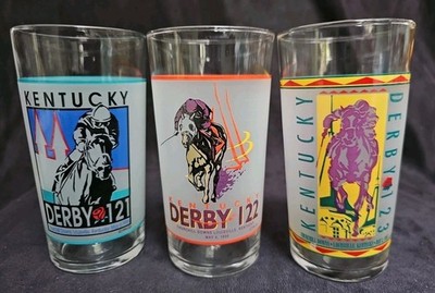 3 Kentucky Derby Tumblers 121 122 123 Glass 12 oz Mint Julep 1995 1996 1997 EUC