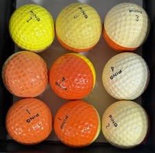Lot of 9 Ping Golf Balls Orange Red Yellow White Ping Eye Karsten Two Tone Vtg