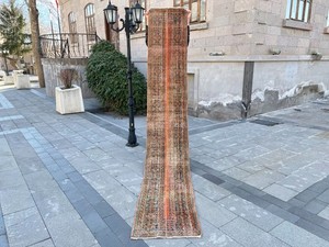 Vintage Turkish Oushak Runner Rug 2x12 ft Hand Knotted Anatolian Hallway Wool