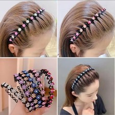 Black Plastic Floral Flower Rhinestone Headband Hair Accessory for Women Teens