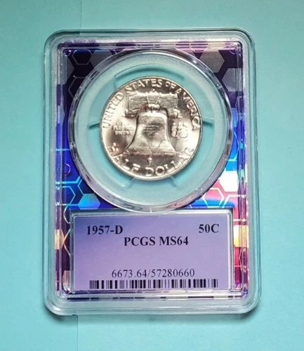 1957 D FRANKLIN HALF DOLLAR PCGS MS64 90% SILVER PURPLE CORE #S272