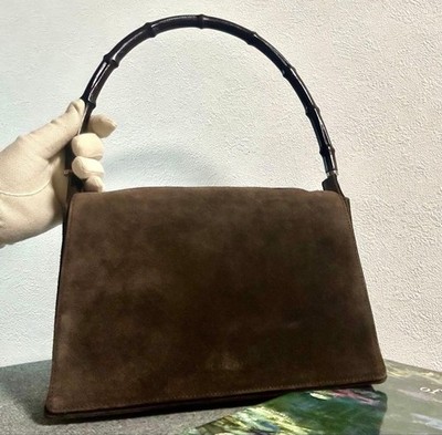 Auth GUCCI Bamboo Handle Top Handle Bag Handbag Suede Brown Tom Ford Era Japan