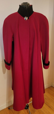 Vtg International Scene Red Wool w/Black Velvet Trim Full Length Swing Coat M/L