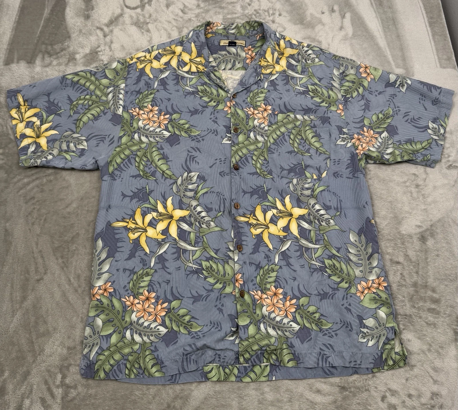 Tommy Bahama Silk Shirt Mens Large Blue Camp Tropical Floral Hawaiian Vintage
