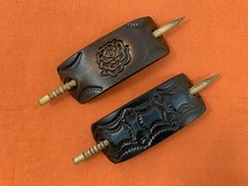 2 Leather Hair Barrettes w Sticks, Ponytail, Rose Pretty Flower Handcrafted 212