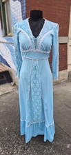 Vintage 70s Prairie Maxi Dress Size S Baby Blue Lace Trim Peasant Cottage READ