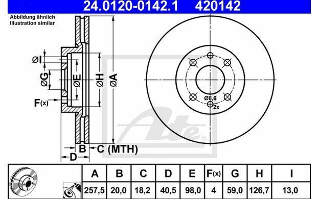 2x ATE Disques de Frein Avant Ventilé 257mm pour FIAT DOBLO 24.0120-0142.1