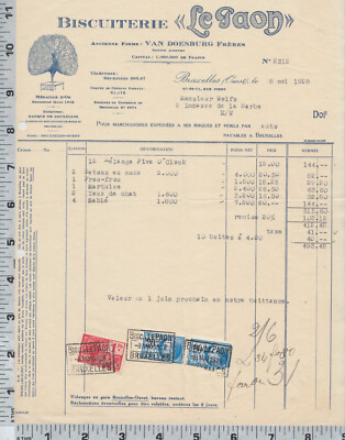 0796 Le Paon Biscuits 1928 billhead w/ tax stamps, Brussels Van Doesburg Maison