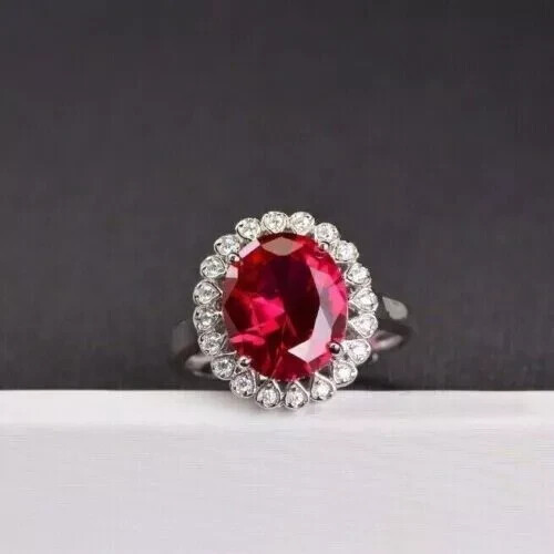 Lab-Created Red Ruby 4CT Oval Cut Halo Anniversary Ring 14K White Gold ...