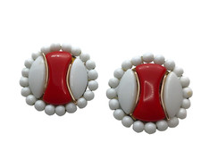 Vintage Earrings Western Germany Glass Clip on Red White Mod Retro Statement