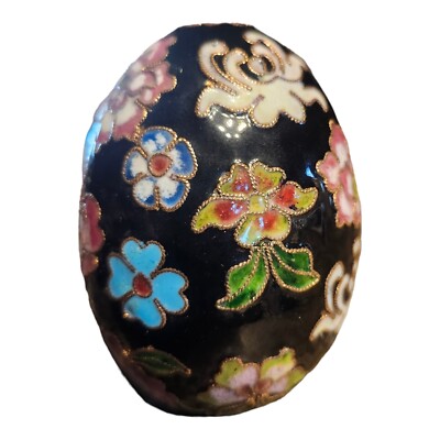Vintage Chinese Floral Cloisonne` Egg Black Enamel 3.5''x2'' No Stand Easter Decor