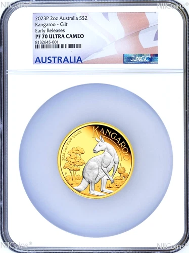 2023 Australia GILT Proof 2oz .9999 Silver Kangaroo $2 Coin NGC PF70 ER Flag LB