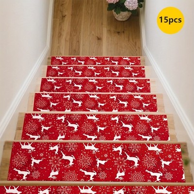 [Rubber Non-Slip Bottom] 15pcs Red Snowflake Reindeer Pattern Stair Print Stai
