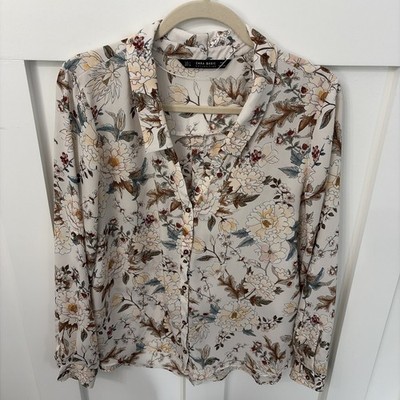 Women s Zara Basic Button Front Blouse-Large-Multicolored Floral Pattern-collar