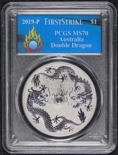 21Dragons: 2019 P Australia Double Dragon 1 oz Silver Dollar (PCGS MS70)