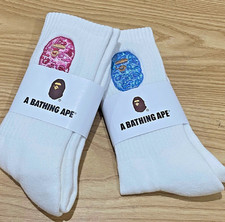 A Bathing Ape BAPE White Crew Socks Embroidered Logo 2 Pair Set Streetwear New