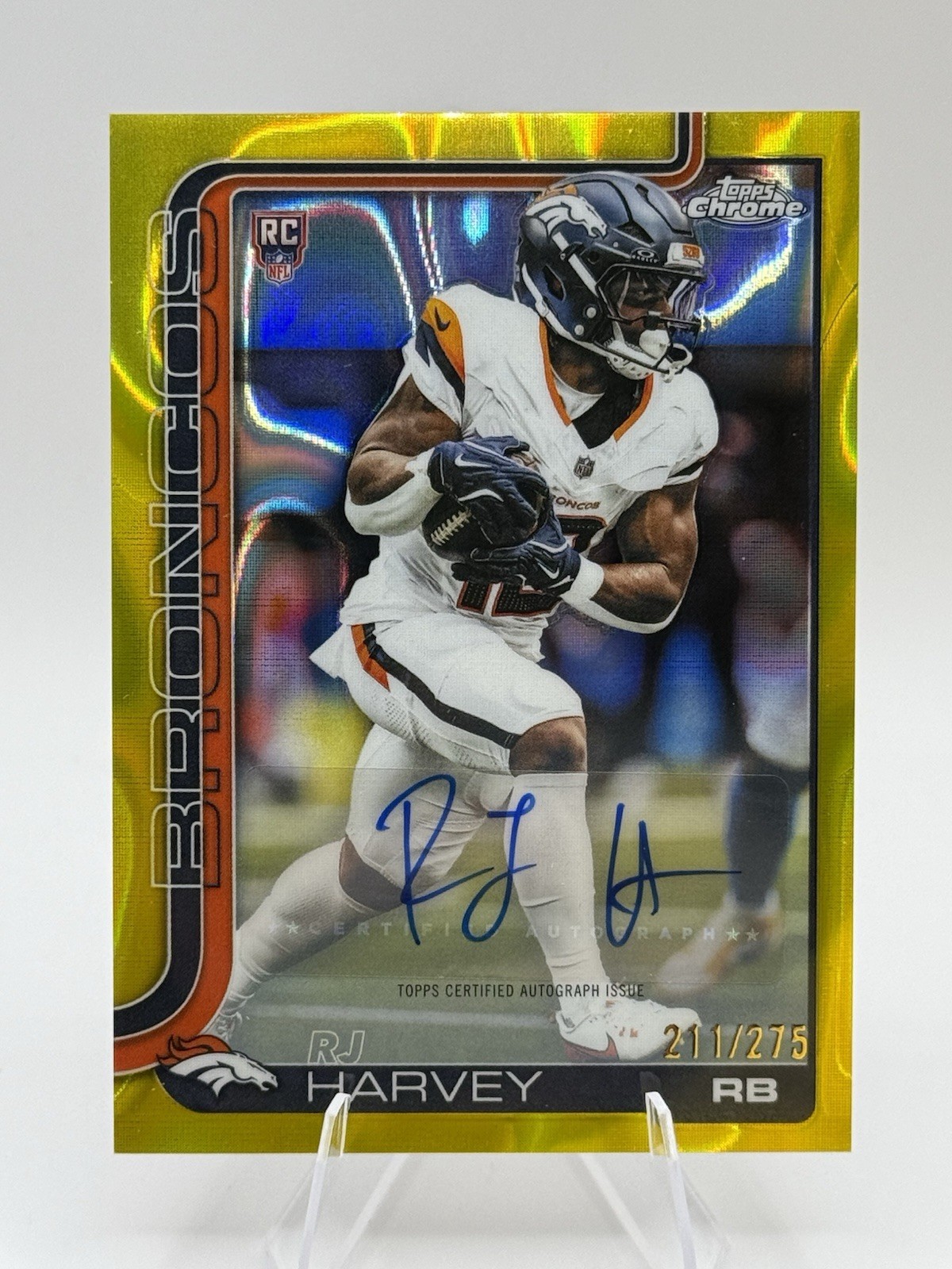2025 Topps Chrome RJ Harvey RC Auto Yellow Refractor /275 RA-RH Broncos