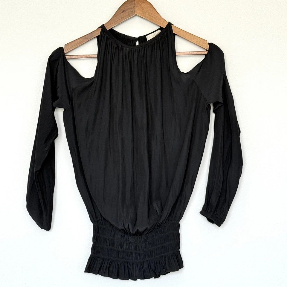 Camisa Ramy Brook Mujer XS Negra Hombro Frío Cintura Ajustada Manga Larga Blusa Foto 2 de 4