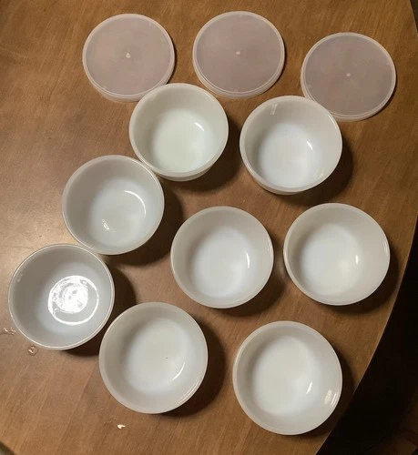  8 Vintage Fire King 6 oz Anchor Hocking Milk Glass Custard Cups Ramekins 3 lids