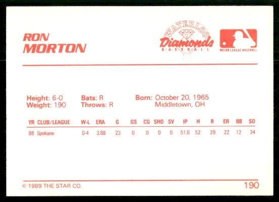 1989 Ron Morton #190 Waterloo Diamonds - Image 2 of 2