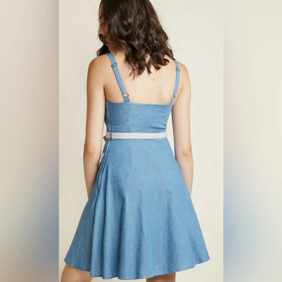 Modcloth Happiness and Cheers Chambray Striped Sleeveless A-Line Mini Dress - Image 2 of 4